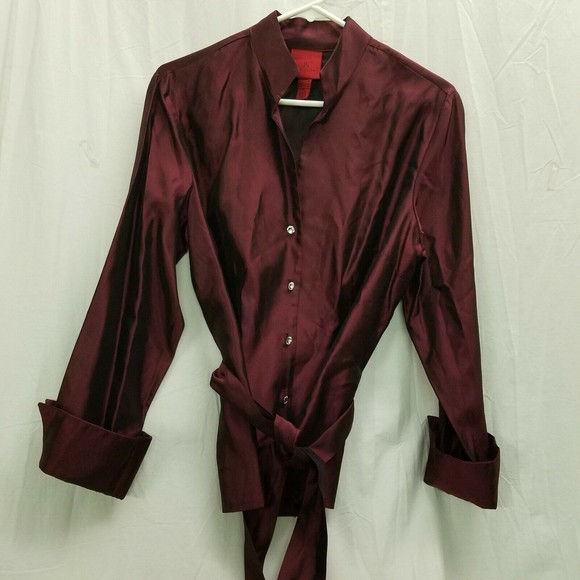 JS Collections shiny maroon satin blouse w Rhinestone Buttons women sz 12 - Picture 1 of 12